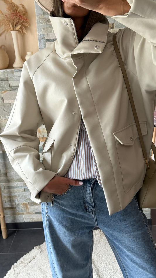 Veste simili cuir oversize grand col Crème