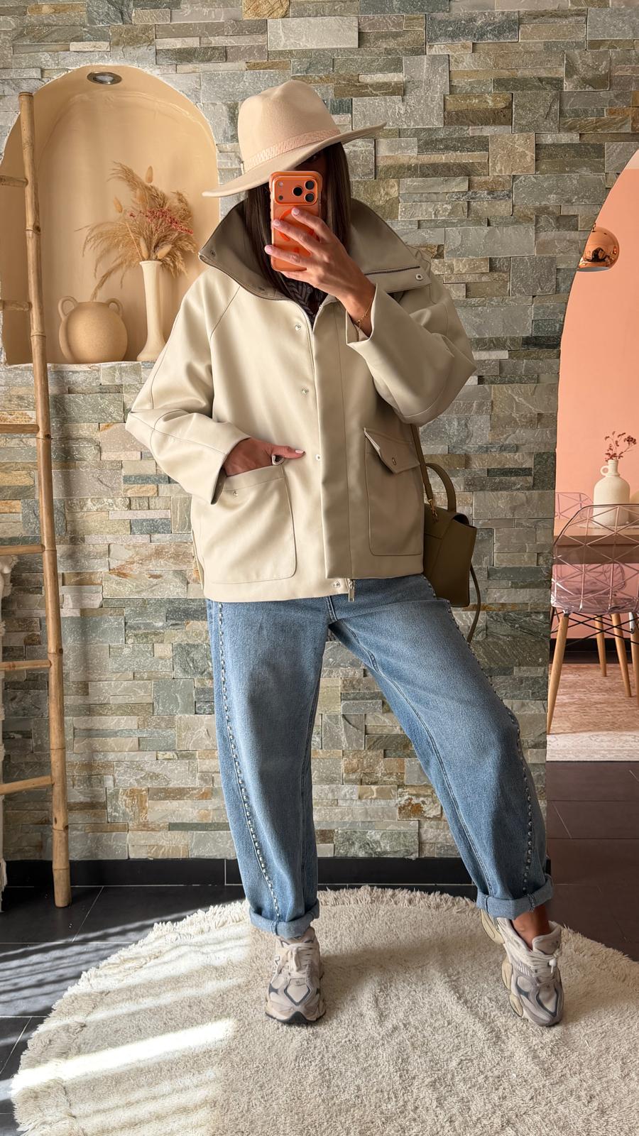 Veste simili cuir oversize grand col Crème