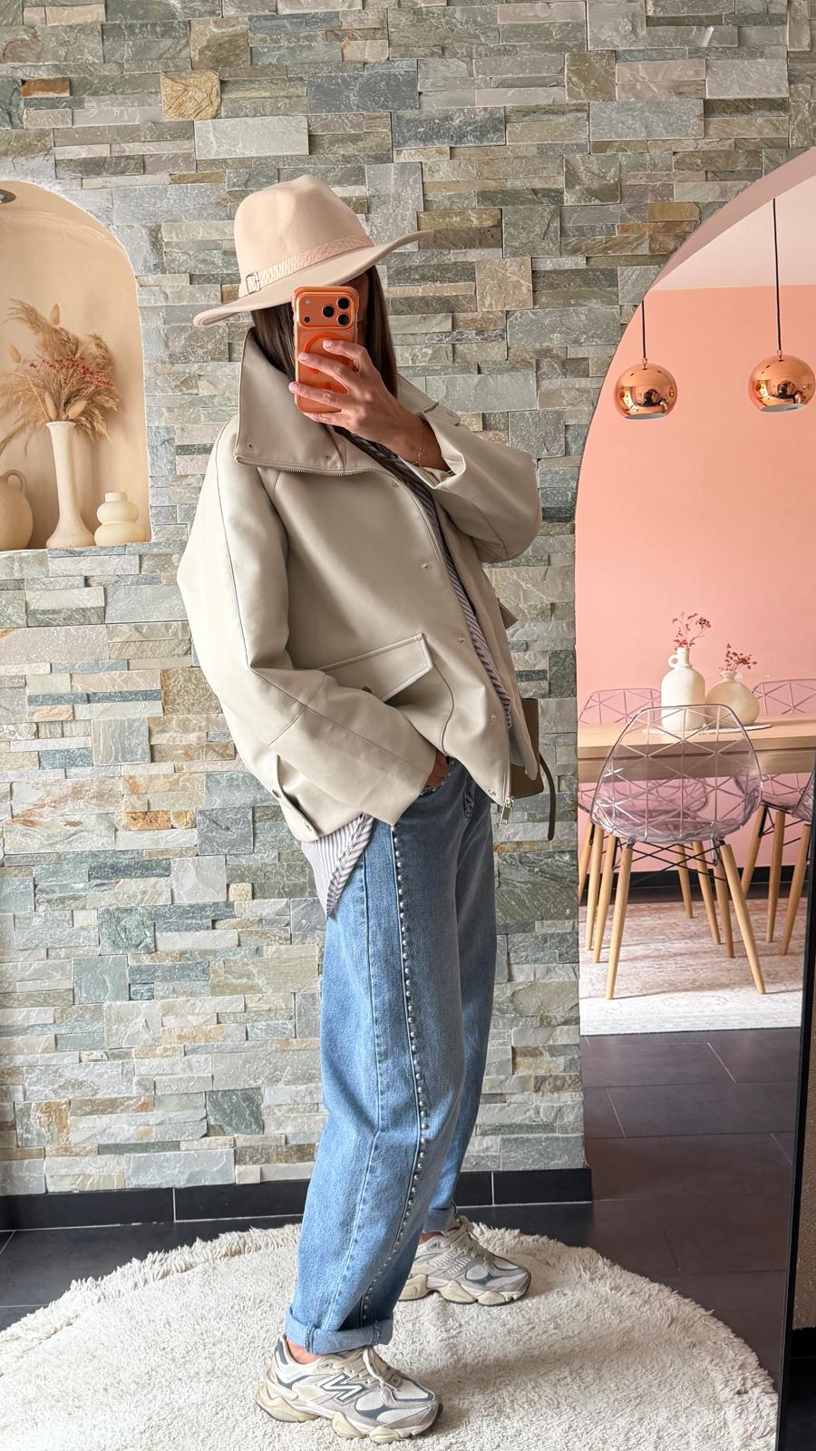 Veste simili cuir oversize grand col Crème
