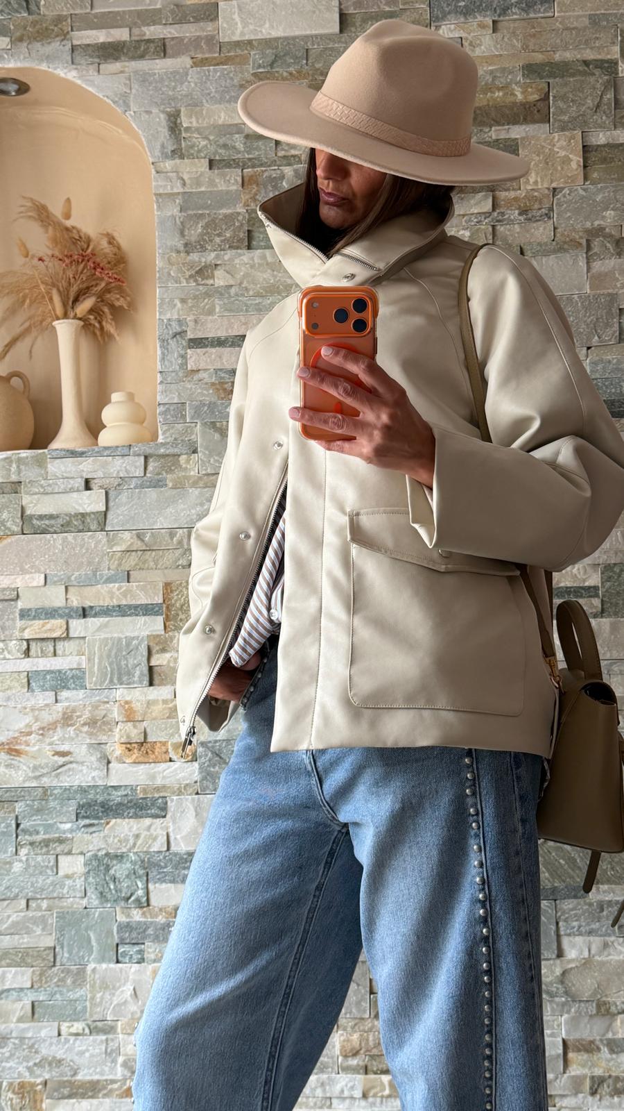 Veste simili cuir oversize grand col Crème