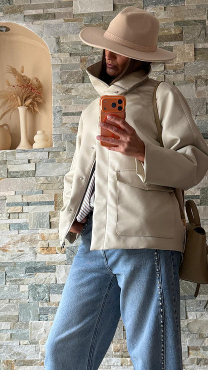 Veste simili cuir oversize grand col Crème