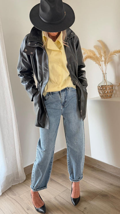 Veste simili cuir resserrée à la taille Noir