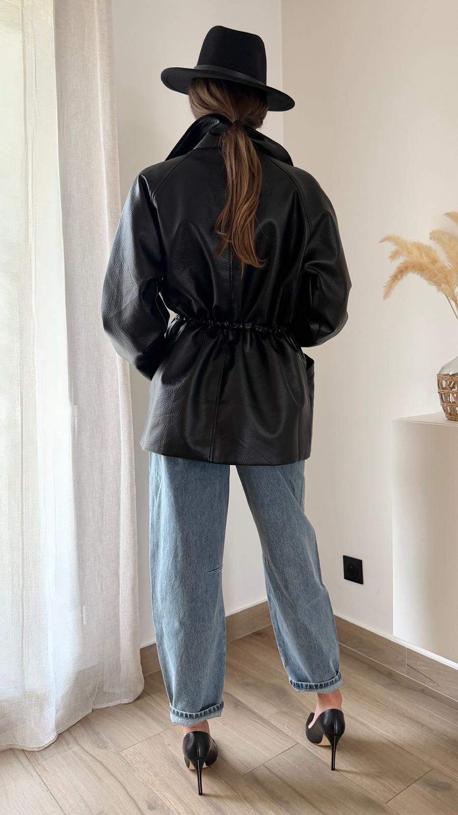 Veste simili cuir resserrée à la taille Noir